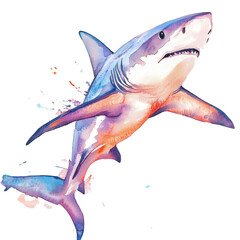Poster - A vibrant watercolor painting depicts a great white shark in mid-leap against a black background with colorful watercolor splashes.