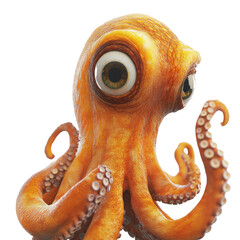 Aufkleber - A close-up digital rendering of an adorable, orange cartoon octopus with large expressive eyes against a black background.
