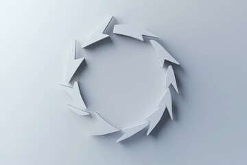 Leinwandbilder - Circular arrangement of white arrows on a light gray background creating a sense of motion and direction. Generative AI