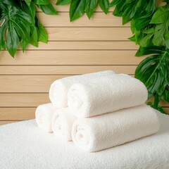 Wall Mural - Neat Stack of Fluffy White Towels on Wood Background with Tropical Leaves