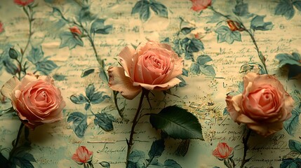 Peach roses on vintage script background, romantic floral arrangement