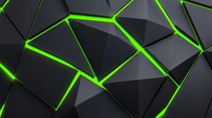 Abstract black triangular geometric pattern with green neon lines.