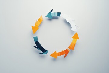 Poster - Colorful paper arrows arranged in a circular pattern on a light background showcasing the concept of movement and direction. Generative AI