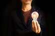 © chayanit - Innovative technology in science and communication concept. Businessman holding illuminated lightbulb, idea, innovation and inspiration with glowing, smart intelligent creativity