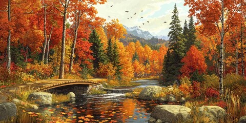 Wall Mural - A tranquil autumn bridge crossing a gentle stream, surrounded by trees glowing in fiery red and orange hues. Fallen leaves float quietly on the water, creating warmth and texture in the serene 