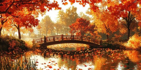 Wall Mural - A tranquil autumn bridge crossing over a gentle stream, surrounded by trees glowing in fiery red and orange hues. Fallen leaves float quietly on the water, creating texture and warmth in the 