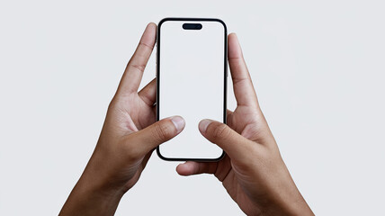 two hands holding a smartphone with blank screen, fingers gripping the edges, positioned symmetrical