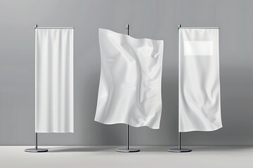 Wall Mural - blank white advertising flags on gray background. mock up, 3d rendering