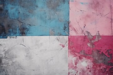 Poster - Weathered wall texture displaying a mix of teal, pink, white, and red paint, creating an abstract and vintage background