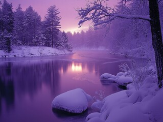 Wall Mural - A tranquil winter forest blanketed in pristine snow, with frost-covered branches shimmering under the pale light of dawn. A frozen creek winds through the still landscape, reflecting the soft 