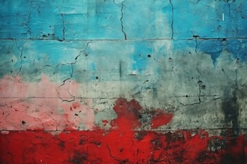 Poster - Close up of a weathered cracked wall revealing layers of vibrant paint, creating an abstract textured background