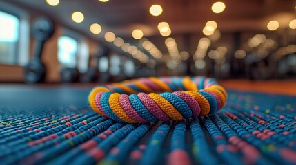 Rope on gym mat, blurred fitness equipment in background, ready for workout