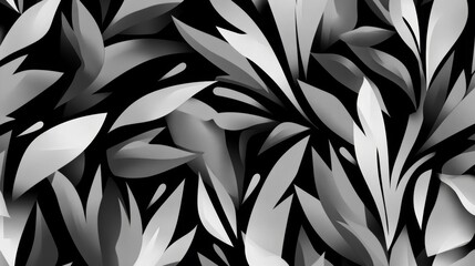 Abstract black and white leaf pattern with varying shape and shades creating a dynamic design