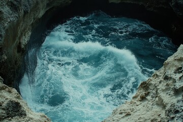 Wall Mural - turquoise waves crashing against rocky coastline in natural cove