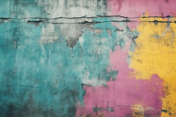Poster - Weathered cracked wall texture showing multiple layers of turquoise, pink and yellow paint, creating an abstract background