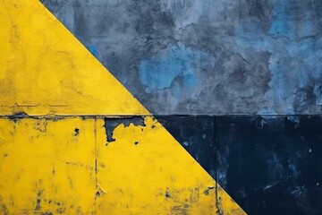 Poster - Yellow and blue paint forming a diagonal line on a weathered wall, creating a striking contrast and highlighting the texture of the surface