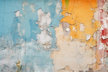 Poster - Close up of a weathered wall revealing layers of cracked and peeling paint in various colors, creating an abstract textured background