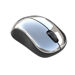 Poster - A modern stylish chrome wireless computer mouse is shown in a three dimensional digital rendering against a black background.