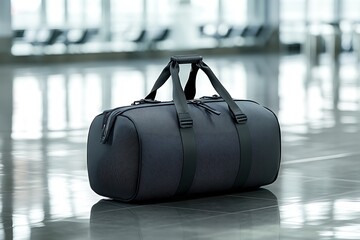 Sleek charcoal duffel with robust handles and a minimalist look, displayed on a smooth, reflective airport floor.