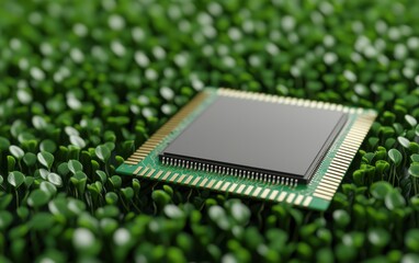 Poster - A close-up of a computer chip resting on a bed of green foliage, blending technology with nature.