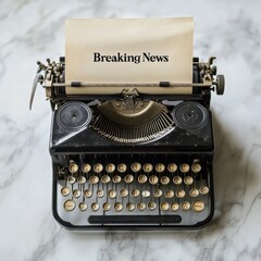 Aufkleber - Vintage typewriter captures the essence of urgent reporting with breaking news announcement on blank sheet. Generative AI