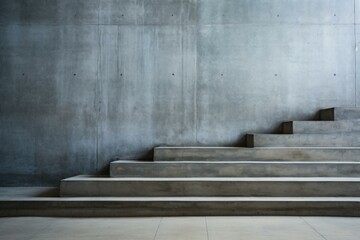 Poster - Wide concrete staircase ascending against a modern gray wall, creating a minimalist architectural space