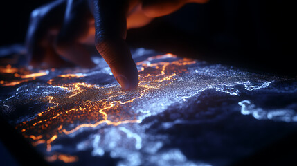 Fototapete - Touching digital landscapes interactive technology exploration virtual space data visualization close-up perspective