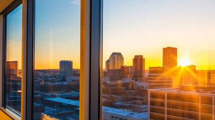 Wall Mural - sunset view from an office window overlooking a city skyline with buildings and vibrant color