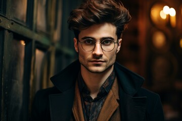 Wall Mural - Stylish man with round eyeglasses and elegant coat posing in a dimly lit urban environment