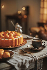 Poster - Orange cake with oranges and a cup of coffee on a wooden table, a teaspoon next to it