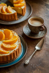 Poster - Orange cake with oranges and a cup of coffee on a wooden table, a teaspoon next to it