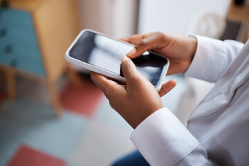 Poster - Closeup, person and hands with screen for phone, online communication and connection with contact. Office, employee and consultant with mobile for social media, multimedia and chat to client by above