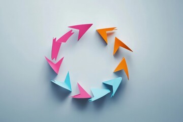 Leinwandbilder - Colorful paper planes arranged in a circular pattern on a light background. Generative AI
