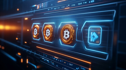Poster - Futuristic digital interface displaying glowing cryptocurrency symbols, showcasing advanced technology and innovation in finance