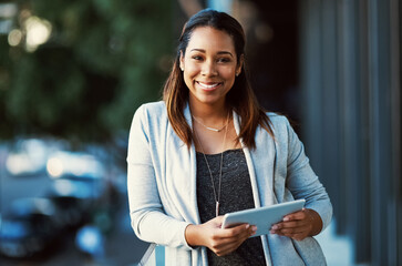 Leinwandbilder - Business woman, tablet and smile in city, pride or portrait on balcony at startup media company. Person, writer and digital touchscreen on application, happy or contact at creative agency in Colombia
