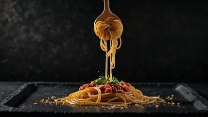 Spaghetti twirled on a fork with tomato sauce and herbs against a dark background