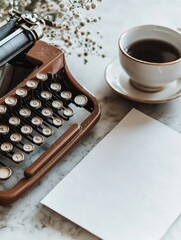 Aufkleber - Vintage typewriter on a marble table with a blank sheet of paper and coffee cup waiting for breaking news to be typed. Generative AI