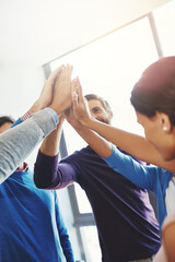 Poster - employees, business team and high five in office, huddle and collaboration with creative people. gro