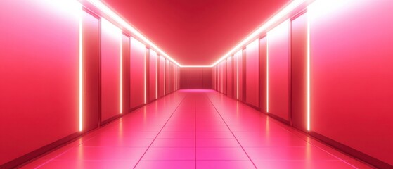 Wall Mural - red futuristic corridor with glowing neon lights and doors, creating a modern and abstract architect