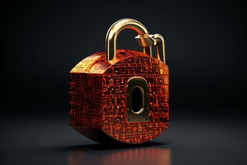 Poster - golden padlock securing an electronic circuit, symbolizing data protection and cybersecurity
