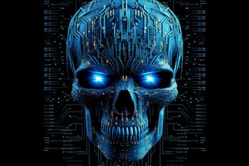 Fototapete - Futuristic blue metallic skull with glowing eyes and circuit board pattern on dark background, symbolizing artificial intelligence and cybersecurity