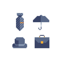 Poster - pixel art men accessories icon set, tie, umbrella, hat and business briefcase, isolated vector illus
