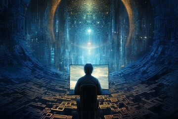 Fototapete - Programmer wearing headphones using computer to explore virtual reality metaverse in futuristic cyberspace