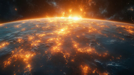 Poster - A stunning view of Earth from space, engulfed in glowing molten lava, symbolizing destruction and extreme heat