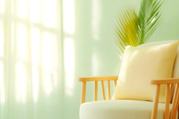 Wall Mural - Cozy interior with wooden chair and green plant in sunlit minimalistic room warm and inviting atmosphere