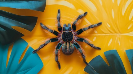 Top view of a peacock tarantula poecilotheria metallica isolated on colourful background