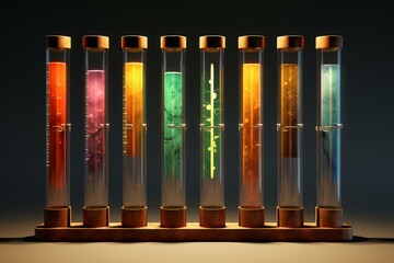 Poster - glass test tubes filled with colorful chemicals stand on a metal rack, creating a visually striking 