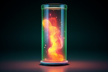 Poster - Glass cylinder holding glowing orange energy with green reflections, on a dark background