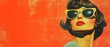 © Fernando - Stylish adult woman with yellow sunglasses and red lipstick looking up against orange background Concept of retro fashion, beauty, and vintage style