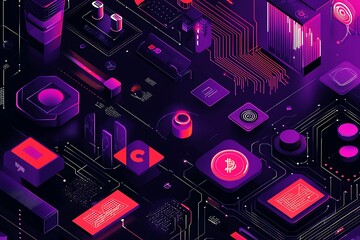 Poster - Abstract Isometric Cyberpunk Cryptocurrency Circuit Board